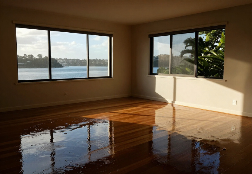 Flood-damaged living room in Wakeley before restoration